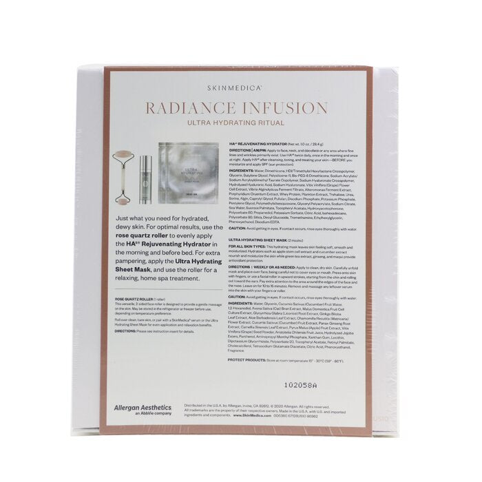 Skin Medica Radiance Infusion Ultra Hydrating Ritual Set: HA Rejuvenating Hydrator 28,4 g + Ultra Hydrating Sheet-Maske 2 Stk. + Rosenquarz-Roller 4 Stk.
