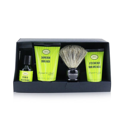 Die Kunst der Rasur. Die vier Elemente der perfekten Rasur. Set mit Tasche – Bergamotte und Neroli: Rasieröl vor der Rasur + Rasiercreme + Rasierbalsam + Pinsel + Rasierer 5-tlg. + 1 Tasche
