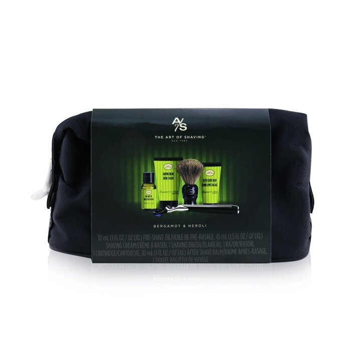 Die Kunst der Rasur. Die vier Elemente der perfekten Rasur. Set mit Tasche – Bergamotte und Neroli: Rasieröl vor der Rasur + Rasiercreme + Rasierbalsam + Pinsel + Rasierer 5-tlg. + 1 Tasche