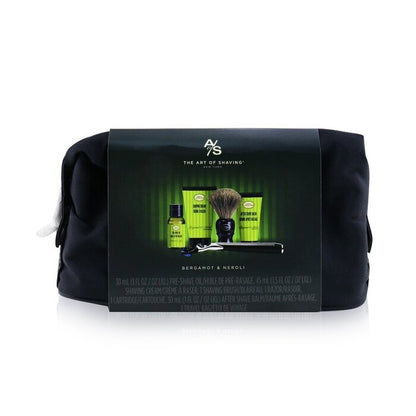 Die Kunst der Rasur. Die vier Elemente der perfekten Rasur. Set mit Tasche – Bergamotte und Neroli: Rasieröl vor der Rasur + Rasiercreme + Rasierbalsam + Pinsel + Rasierer 5-tlg. + 1 Tasche