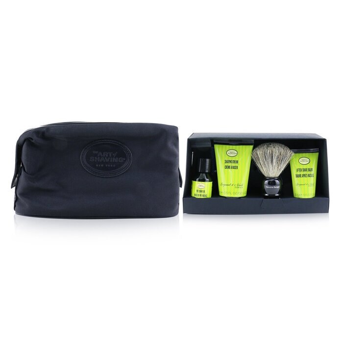 Die Kunst der Rasur. Die vier Elemente der perfekten Rasur. Set mit Tasche – Bergamotte und Neroli: Rasieröl vor der Rasur + Rasiercreme + Rasierbalsam + Pinsel + Rasierer 5-tlg. + 1 Tasche