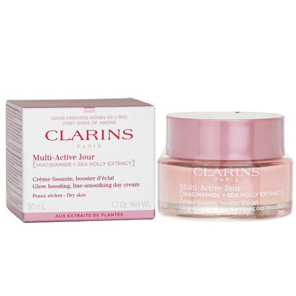 Clarins Multi-Active Jour (Niacinamid + Stranddistelextrakt) Glow Boosting Line-Smoothing Tagescreme für trockene Haut, 50 ml